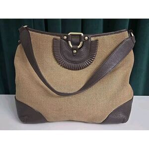 KATE LANDRY Purse Handbag ~ Metallic Tan Jute Woven Fabric w/ Brown Leather Trim